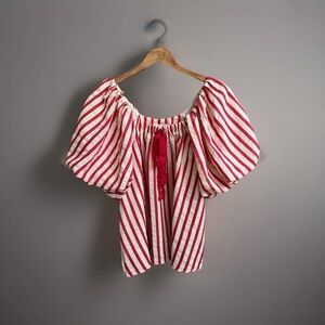 Umgee Red & White Striped large Puff Sleeve Peasant Boho Blouse with lace bow